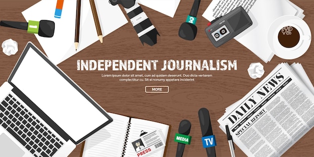 Mass media background with microphone in a flat style press conference with correspondent and