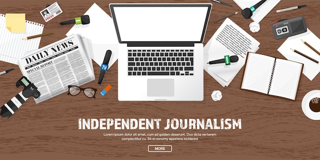 Mass media background with microphone in a flat style press conference with correspondent and