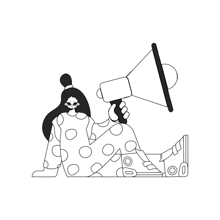 Vector masterful hr specialist woman holding a megaphone in her hands hr topic linear black and white style