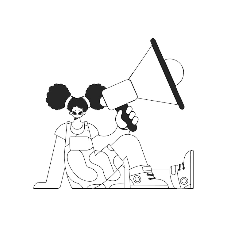 Vector masterful hr specialist woman holding a megaphone in her hands hr topic linear newspaper black and white style