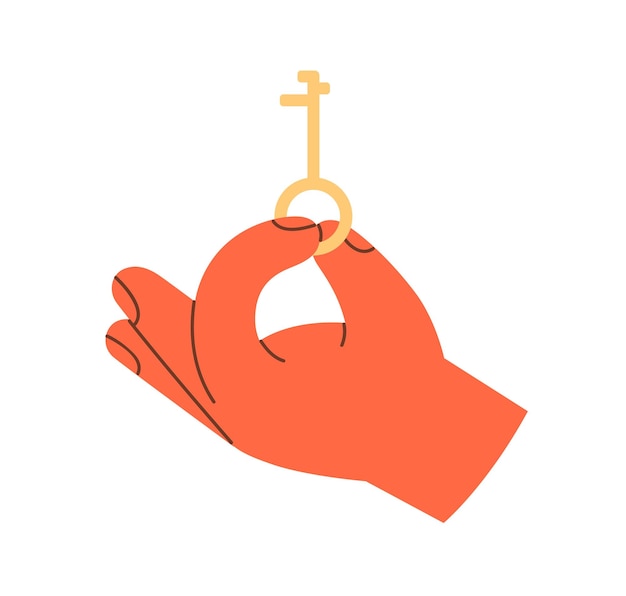 masters hand holding key icon, unlocking, opening door to success. access to secret, security and private confidential information concept. flat vector illustration isolated on white background