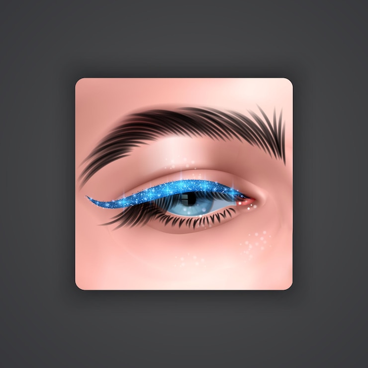 Vector mata realistis dengan eyeliner cerah warna biru dengan tekstur berkilauan pada latar belakang gelap