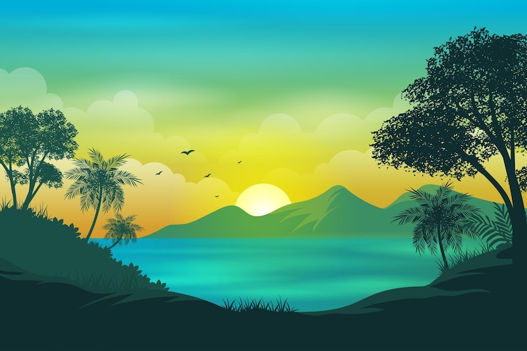 Vector matahari terbenam atau terbit yang indah dengan langit bercahaya hijau dan kuning