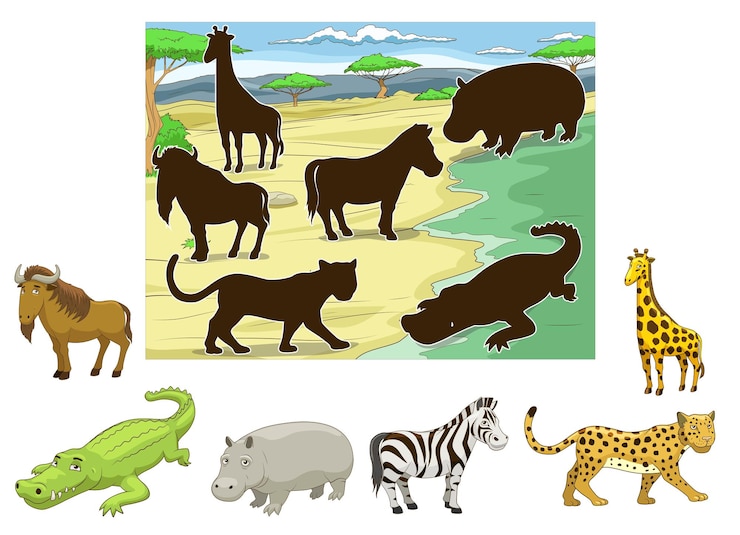 Vector match animals to their shadows educational game