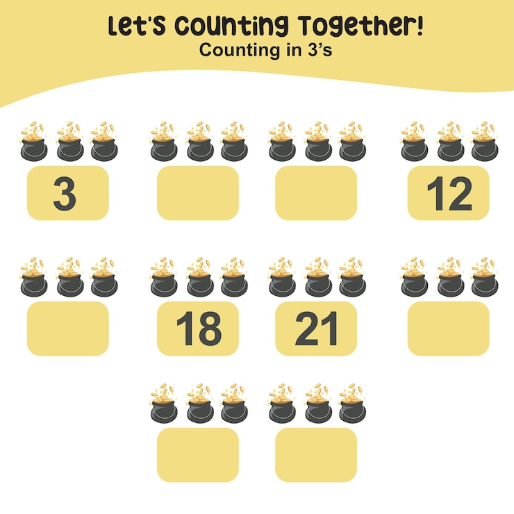 Vector mathematic counting worksheet. math activity, count and write the missing numbers, math multiples.
