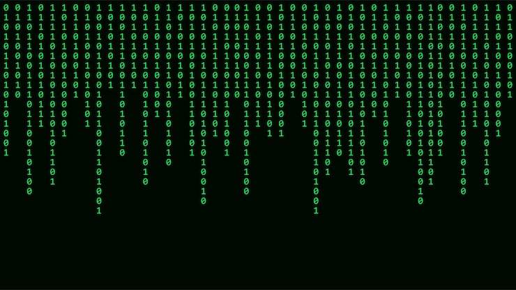 Vector matrix background cyber security with binary code rapidly falling randomly green numbers decoding algorithms hacked software big data visualization