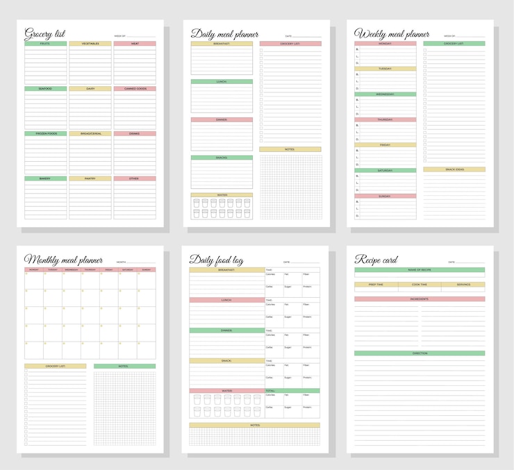 Vector meal planners set daily weekly monthly meal planners daily food log grocery list
