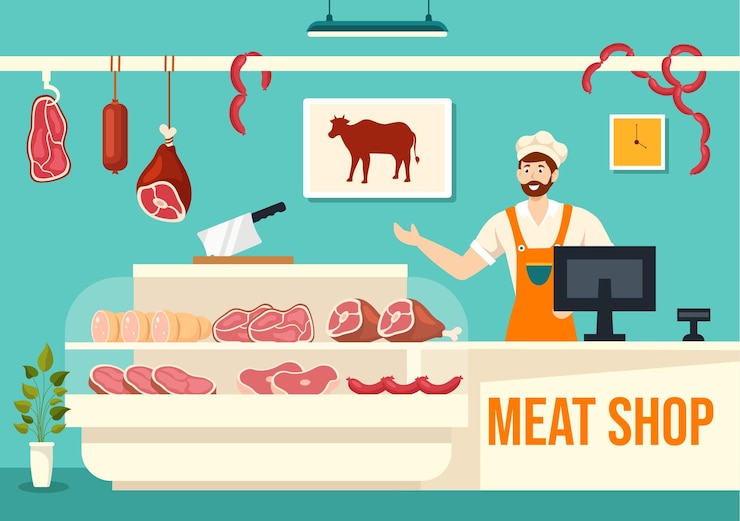 Vector meat shop or market illustration with various fresh meats products and sausages of beef chicken