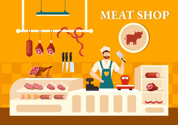 Vector meat shop or market illustration with various fresh meats products and sausages of beef chicken