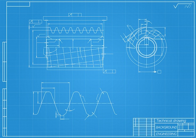 Mechanical engineering drawings on blue background Cutting tools milling cutter Technical Design Cover Blueprint Vector illustration