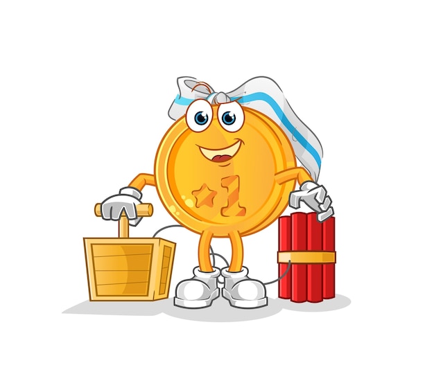 Medal holding dynamite detonator. cartoon mascot vector