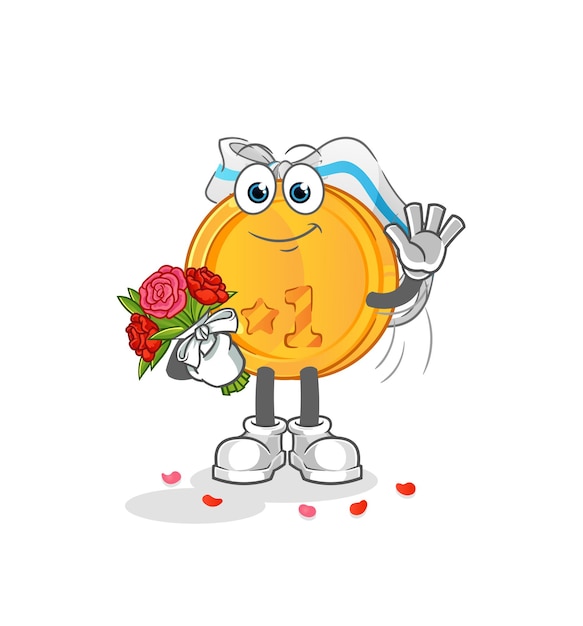 Medal with bouquet mascot. cartoon vector