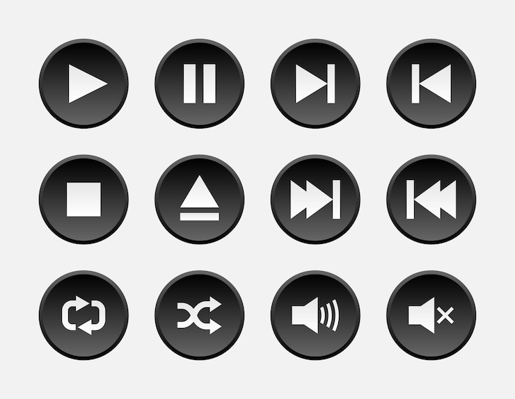 Vector media player control black button set