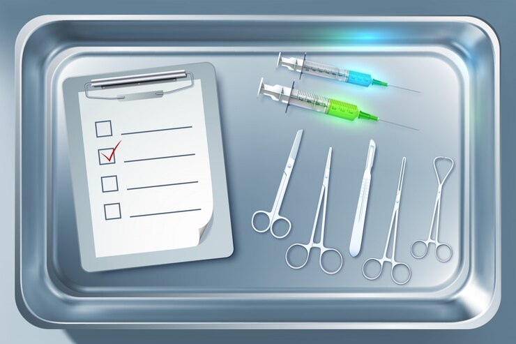 Vector medical equipment concept with syringes forceps scalpel scissors clipboard in metal sterilizer isolated illustration