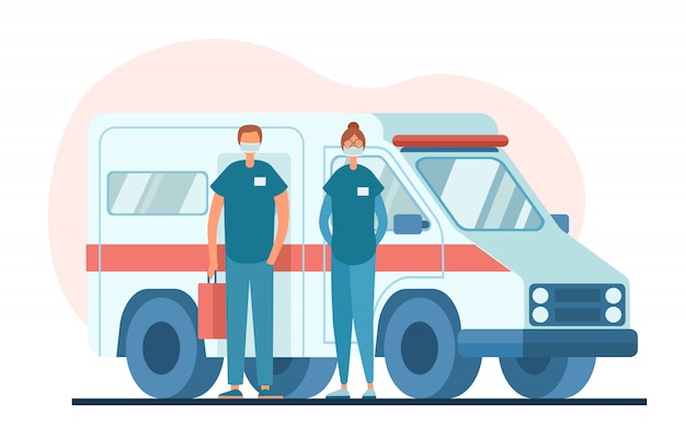 Medical practitioners in masks standing near ambulance van
