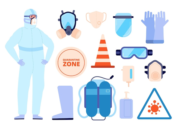Vector medical safety equipment. man in protect clothes, personal protective elements icons. person wear boots face mask utter vector infographics. illustration medical doctor in suit and surgical mask
