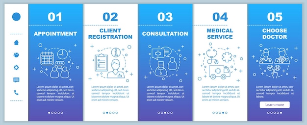 Medical service onboarding mobile web pages vector template