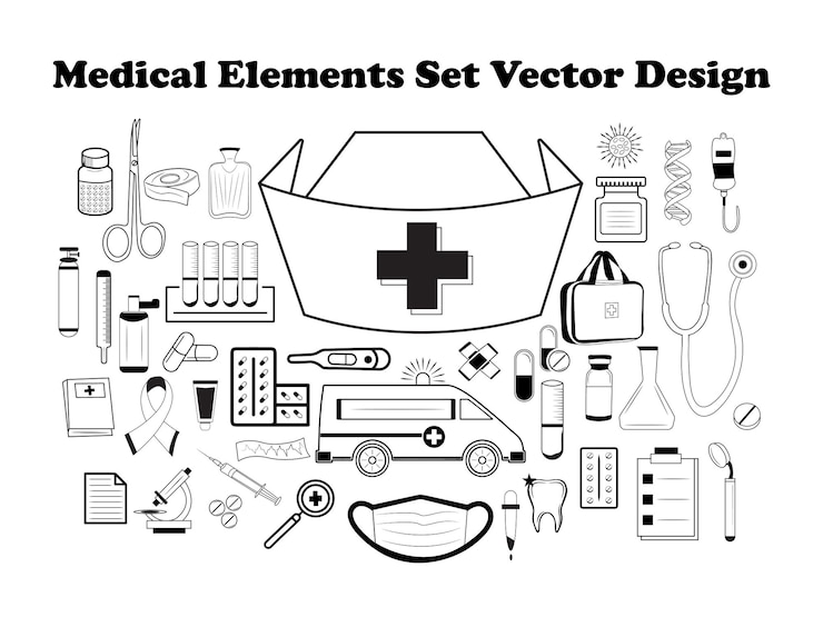 Vector medical set including dental care tools vector hand drawn illustration design