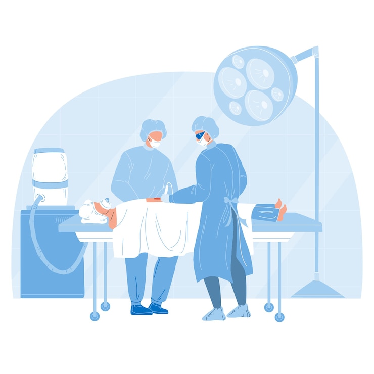 Vector medical team performing surgical operation vector. surgeon doctor and assistant perform operation. characters medicine hospital workers and patient in operating room flat cartoon illustration