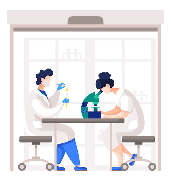 Medical workers or scientists working on analysis of cells and substances.