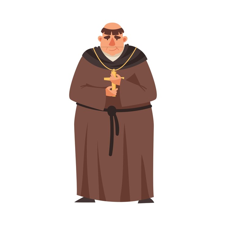 Vector medieval priest or monk wearing brown hooded gown vector illustration