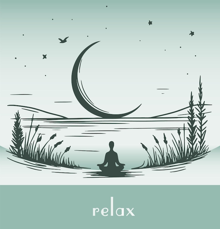 Vector meditate at night under the moon on the lake shore vector drawing