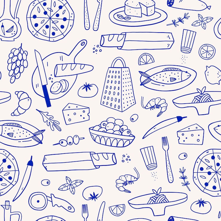Vector mediterranean cuisine seamless pattern hand drawn food background for menu design