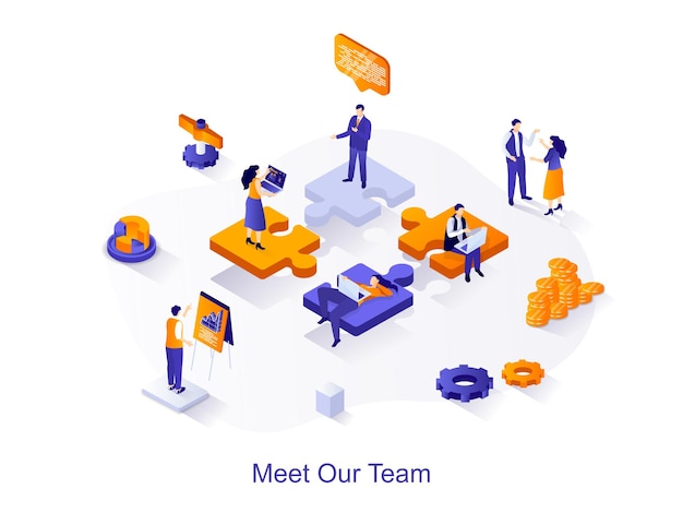 meet our team isometric web concept people working together successful teamwork