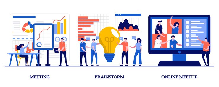 Meeting, brainstorm and online meetup concept with tiny people