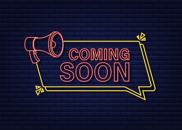 megaphone neon label with coming soon. megaphone banner. web design. vector stock illustration.