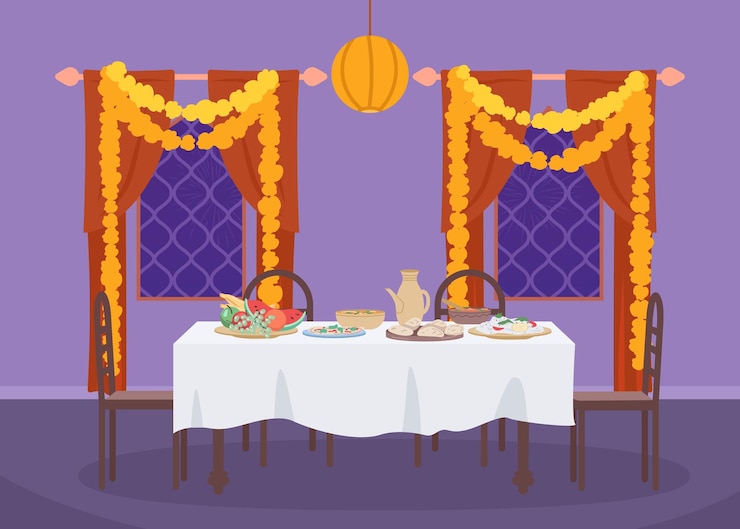 Vector meja yang disajikan untuk makan malam diwali ilustrasi vektor warna datar