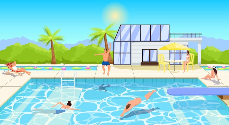 Men and women enjoy in luxury hotel resort Summer time weekend in swimming pool Young people have sunbathing and fun in pool activity Landscape of water park lounge area Vector illustration