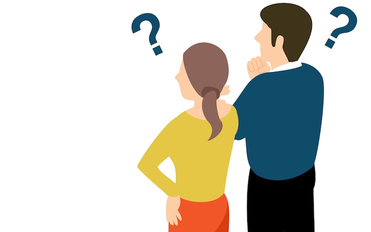Vector men and women with doubts isometric