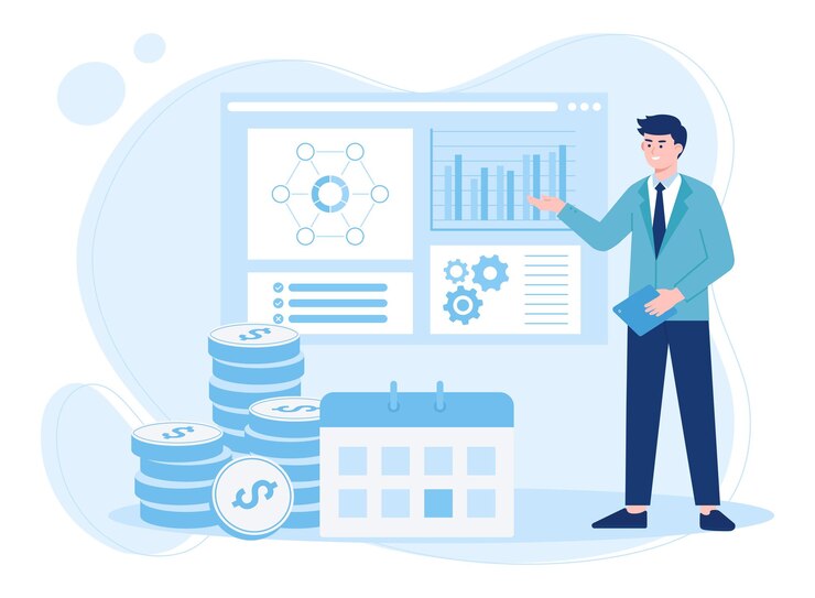 men present growth data analysis concept flat illustration