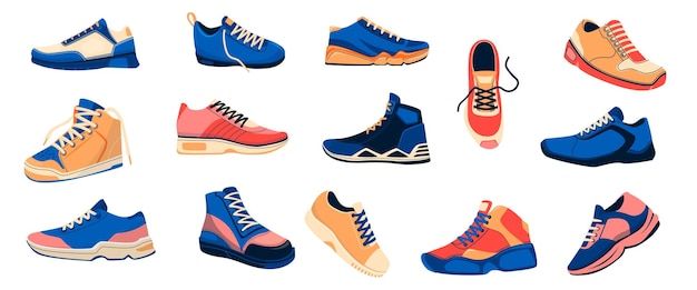 Mens sneakers Fashion male comfortable footwear pair of athletic shoes and fitness footgear trendy casual sportswear flat style Vector cartoon set