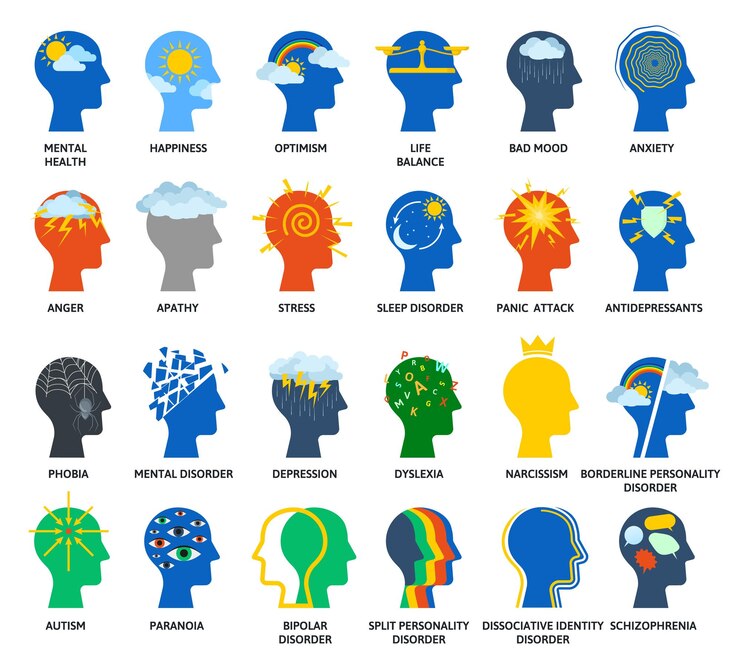 Vector mental disorders human brains psychology mind states mental problems of human brain vector illustration set human heads with emotions and illnesses as autism paranoia and dyslexia