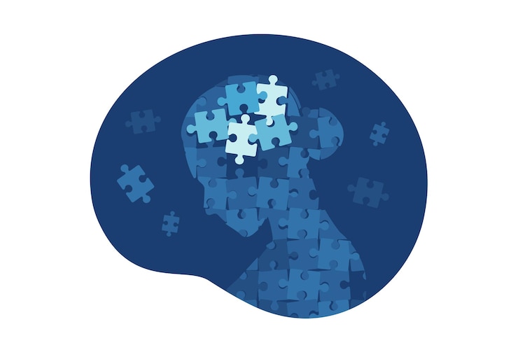 Vector mental illness and disorder concept head head profile with puzzle pieces falling apart vector illustration flat