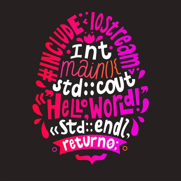 Menulis kode dengan frasa hello world Mengajarkan coding dan pemrograman Kutipan lucu untuk programmer dan coder Bahasa pemrograman terbaik Pengembangan dan konsep perangkat lunak Ilustrasi vektor
