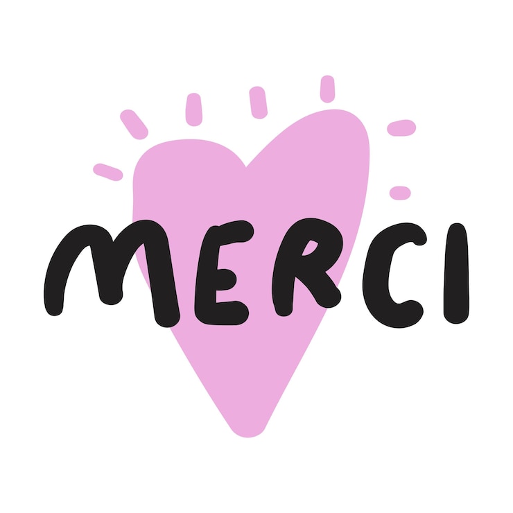 Merci Bahasa Prancis Terima kasih Desain merah muda vektor dengan latar belakang putih