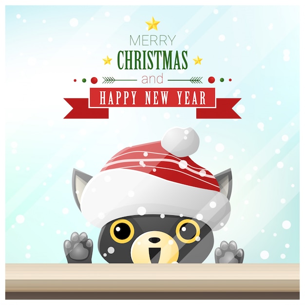 Merry Christmas and Happy New Year background with cat