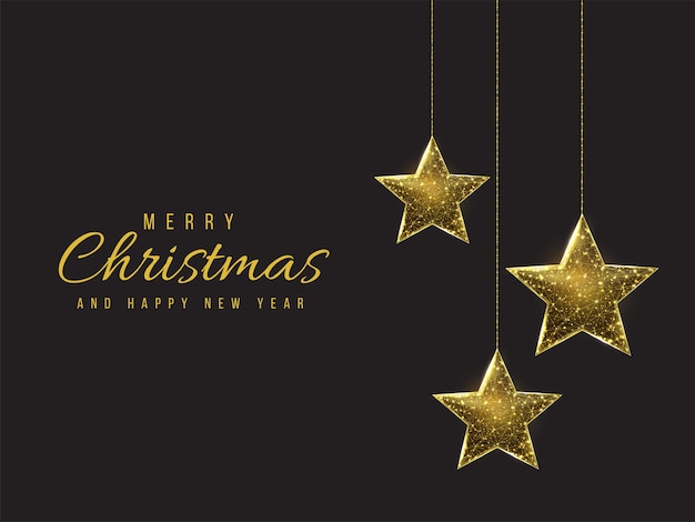 merry christmas and happy new year low poly greeting card. polygonal wireframe mesh illustration with hanging christmas stars. abstract vector illustration on dark background.