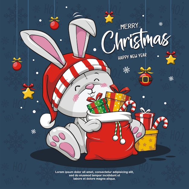 Merry Christmas And Happy New Year With Cute Little Rabbit Santa Claus Red Hat And Christmas Bag