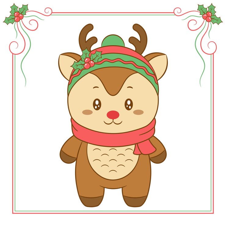 Vector merry christmas cute reindeer drawing with lovely scarf