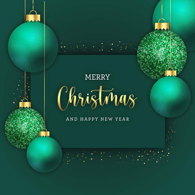 Vector merry christmas postcard with realistic balls and glitter