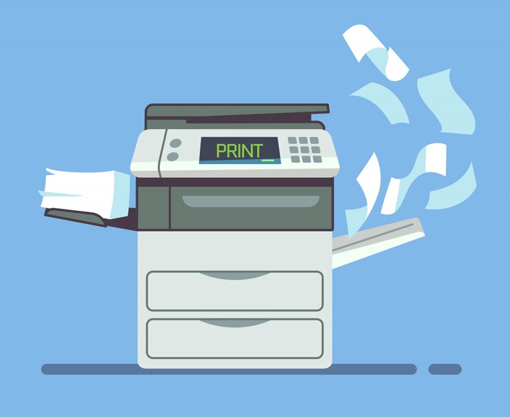 Vector mesin fotokopi kantor profesional, ilustrasi vektor terisolasi dokumen kertas pencetakan printer multifungsi. mesin printer dan fotokopi untuk pekerjaan kantor