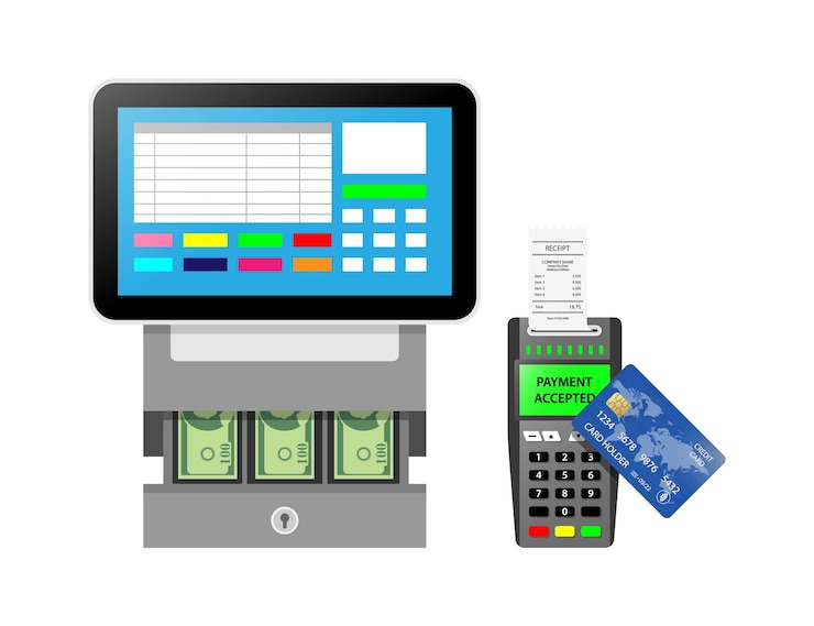 Vector mesin kasir untuk karyawan kasir di toko konsep terisolasi perangkat modern menggunakan pembayaran elektronik