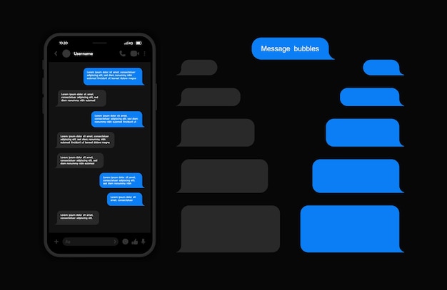 messenger ui and ux concept with dark interface smart phone with messenger chat screen sms template bubbles for compose dialogues vector illustration
