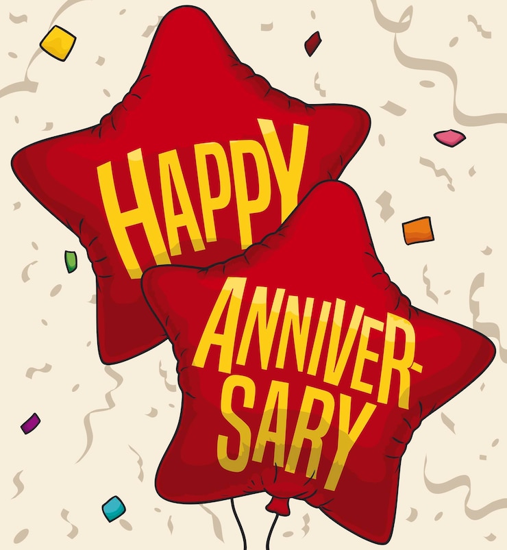 Vector metallic star shaped balloons ready to celebrate an anniversary party with confetti and streamers
