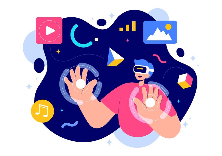 Vector metaverse digital virtual reality vector illustration of a person wearing vr glasses exploring future innovation and communication in a background