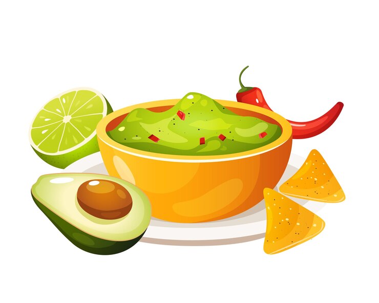 Vector mexican guacamole dish with nacho chips